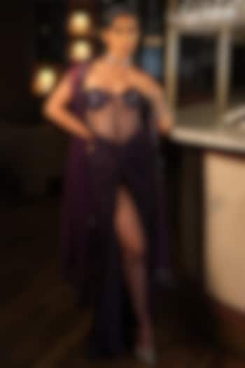 Purple Net Embroidered Cape Set by Suda by Esha Amin at Pernia's Pop Up Shop