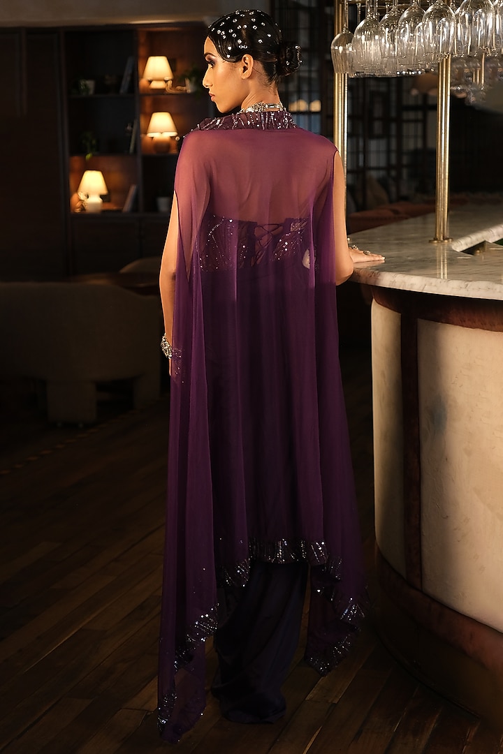 Purple Net Embroidered Cape Set by Suda by Esha Amin at Pernia's Pop Up Shop