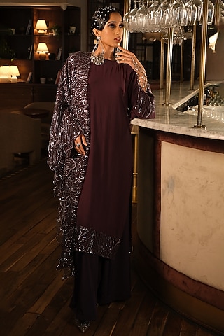 Purple Double Georgette & Net Embroidered Kurta Set by Suda by Esha Amin