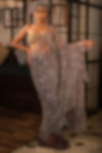 Nude French Crepe & Net Embroidered Pre-Draped Wedding Saree Set by Suda by Esha Amin at Pernia's Pop Up Shop