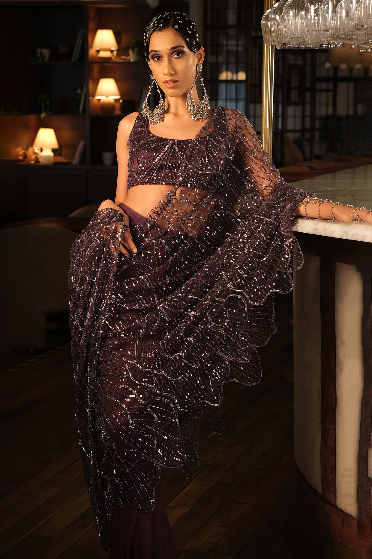 Suda by Esha Amin Purple French Crepe & Net Embroidered Pre-Draped Saree Set
