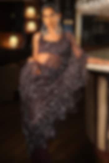 Purple French Crepe & Net Embroidered Pre-Draped Wedding Saree Set by Suda by Esha Amin at Pernia's Pop Up Shop