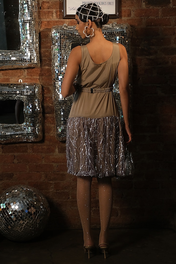 Nude French Crepe & Net Embroidered Midi Vacation Dress by Suda by Esha Amin at Pernia's Pop Up Shop