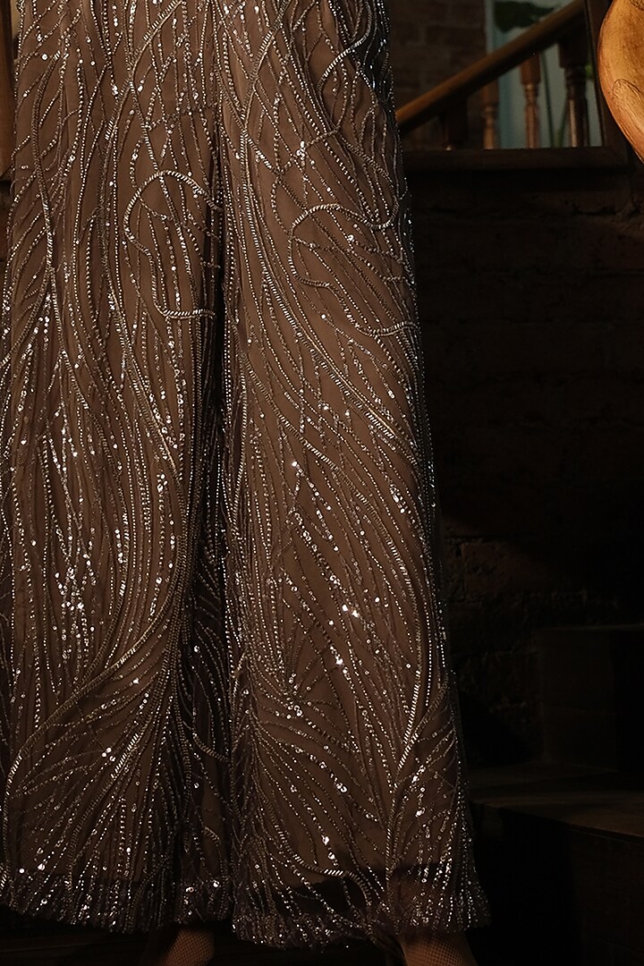 Nude French Crepe & Net Embroidered Pant Set by Suda by Esha Amin at Pernia's Pop Up Shop