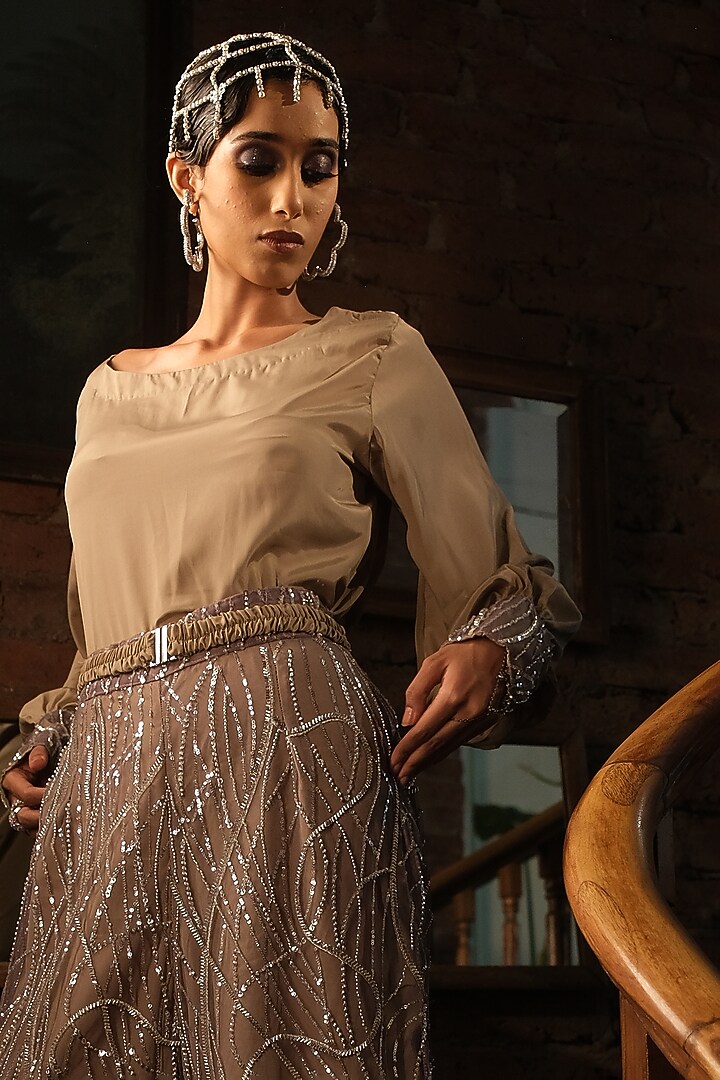 Nude French Crepe & Net Embroidered Pant Set by Suda by Esha Amin at Pernia's Pop Up Shop