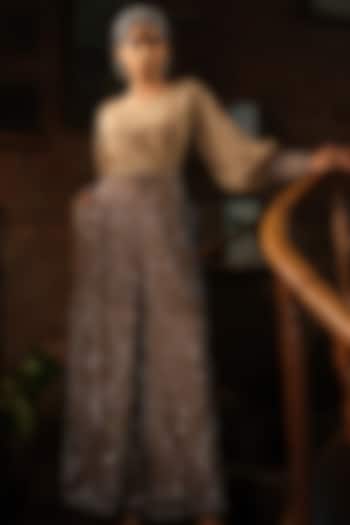 Nude French Crepe & Net Embroidered Pant Set by Suda by Esha Amin at Pernia's Pop Up Shop