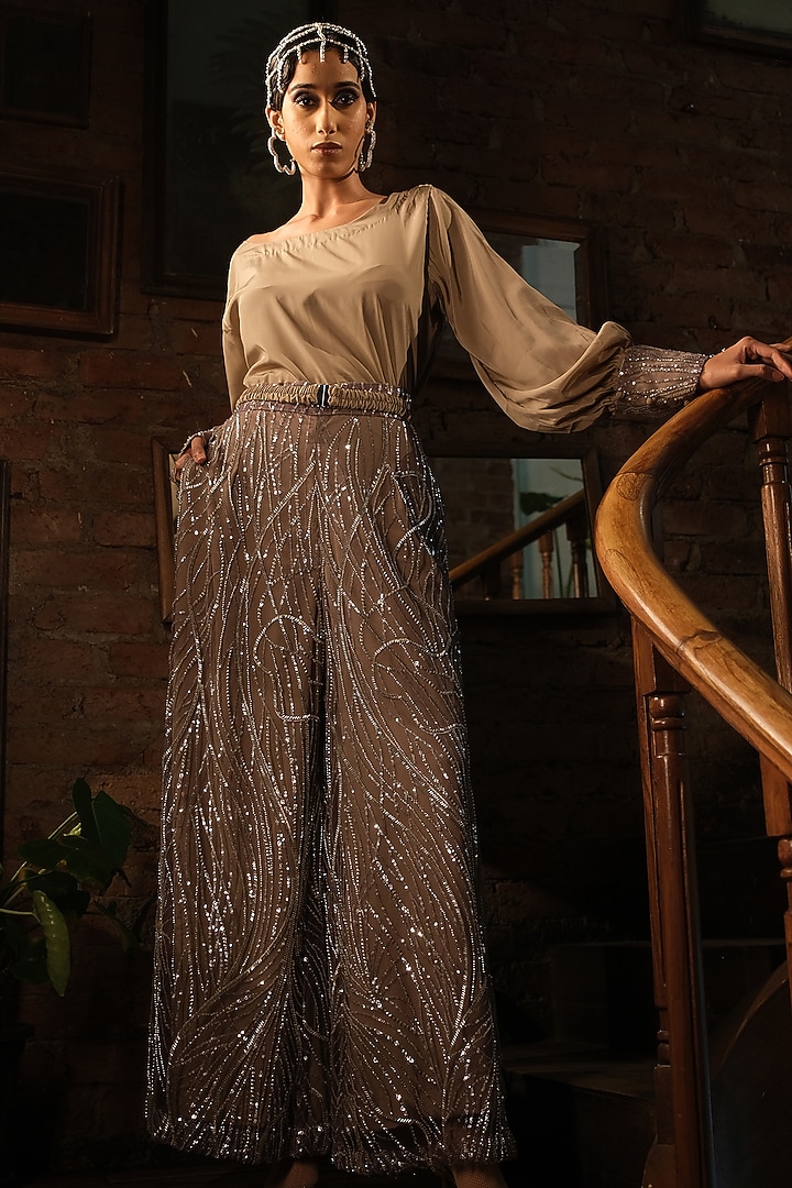Nude French Crepe & Net Embroidered Pant Set by Suda by Esha Amin at Pernia's Pop Up Shop