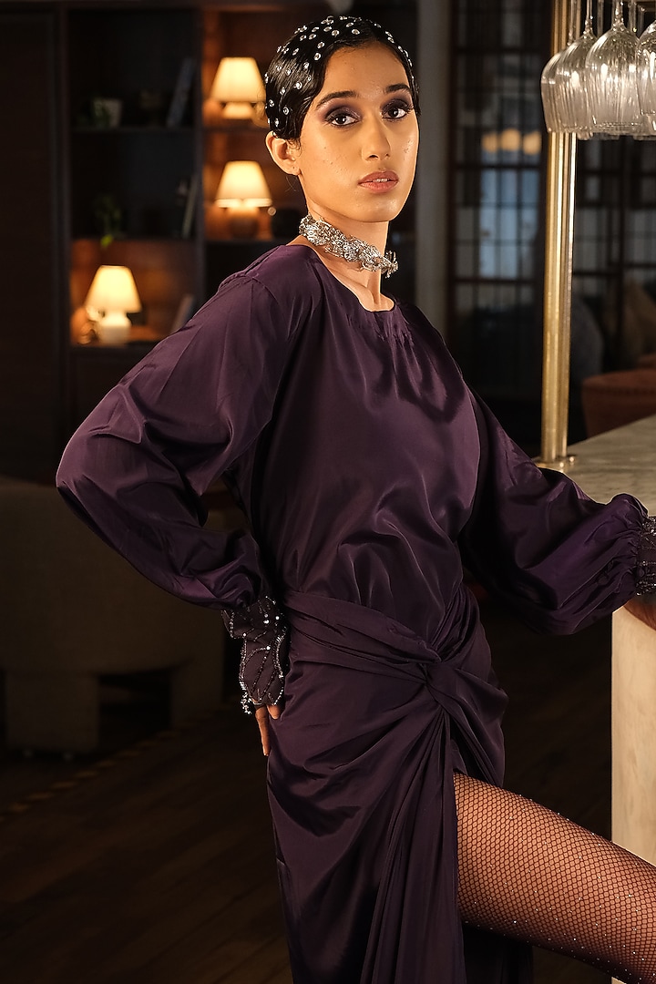 Purple French Crepe Sarong Skirt Set by Suda by Esha Amin at Pernia's Pop Up Shop