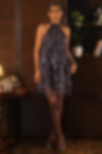 Purple French Crepe & Net Embroidered Mini Halter Cocktail Dress by Suda by Esha Amin at Pernia's Pop Up Shop