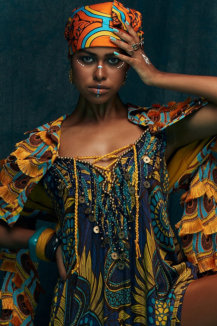 Blue Printed Maxi Cocktail Dress by Esha L Amin at Pernia's Pop Up Shop