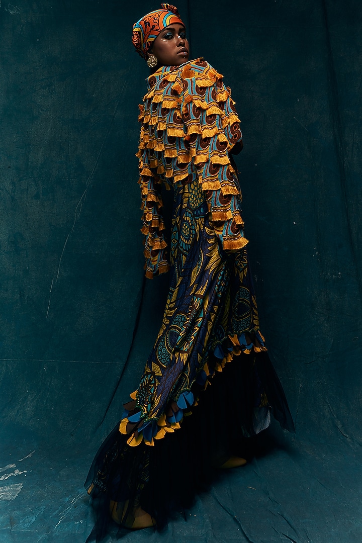 Turquoise Printed Short Jacket by Esha L Amin at Pernia's Pop Up Shop