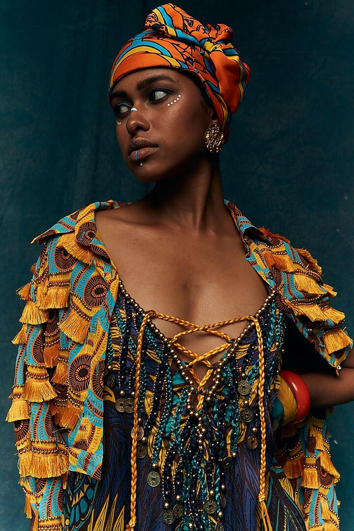 Turquoise Printed Short Jacket by Esha L Amin at Pernia's Pop Up Shop