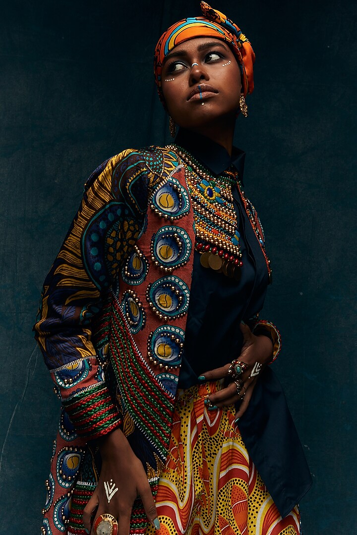 Blue Embroidered Afro Shacket by Esha L Amin at Pernia's Pop Up Shop