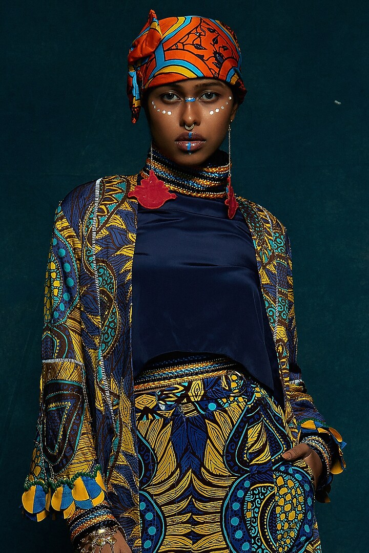 Blue Printed Jacket by Esha L Amin at Pernia's Pop Up Shop
