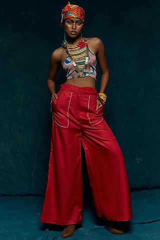 Red Suiting Flared Pants by Esha L Amin