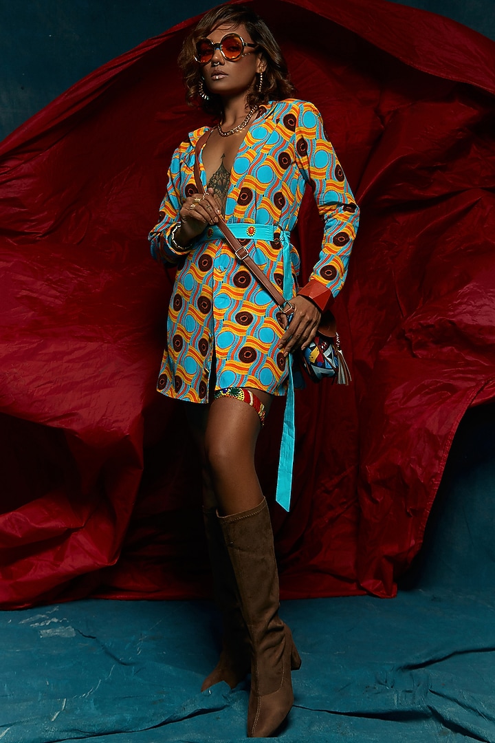 Turquoise French Crepe Blazer Vacation Dress by Esha L Amin at Pernia's Pop Up Shop