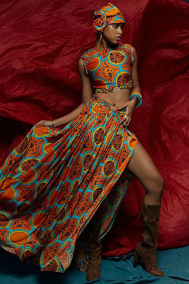 Orange Printed Gathered Skirt by Eshaa Amiin