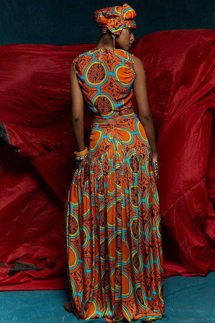Orange Printed Gathered Skirt by Esha L Amin at Pernia's Pop Up Shop