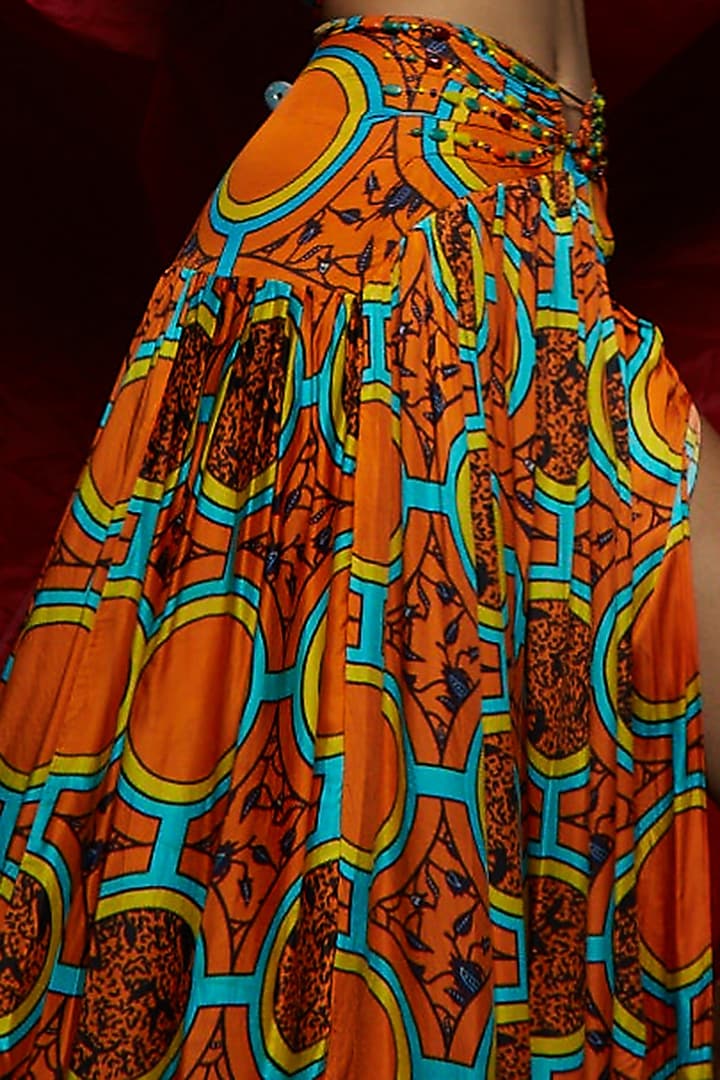 Orange Printed Gathered Skirt by Esha L Amin at Pernia's Pop Up Shop
