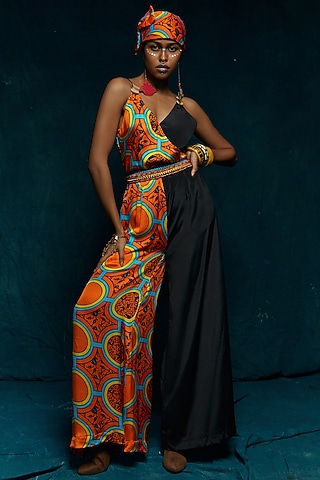 Orange Half-n-Half Printed Jumpsuit by Esha L Amin