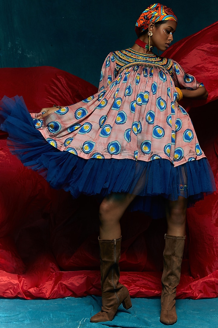 Pink & Blue Viscose Crepe Flared Dress by Eshaa Amiin
