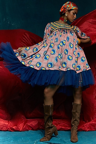 Pink & Blue Viscose Crepe Flared Dress by Esha L Amin
