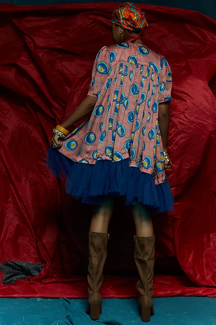Pink & Blue Viscose Crepe Flared Cocktail Dress by Esha L Amin at Pernia's Pop Up Shop