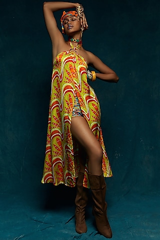 Yellow & Orange Viscose Crepe Halter Tunic by Esha L Amin