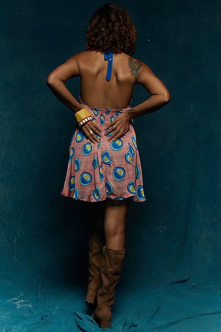 Pink & Blue Viscose Crepe Halter Vacation Dress by Esha L Amin at Pernia's Pop Up Shop