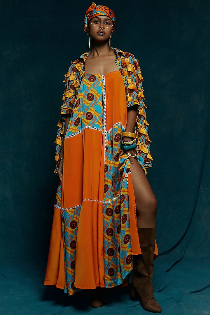 Turquoise & Orange Panel Dress by Eshaa Amiin
