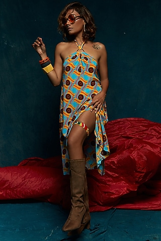 Turquoise Printed Halter Tunic by Esha L Amin