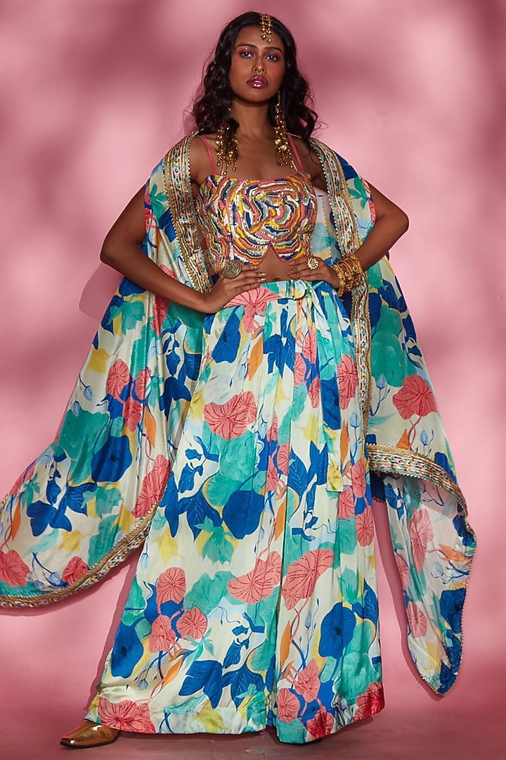 Blue Floral Printed Cape by Esha L Amin at Pernia's Pop Up Shop