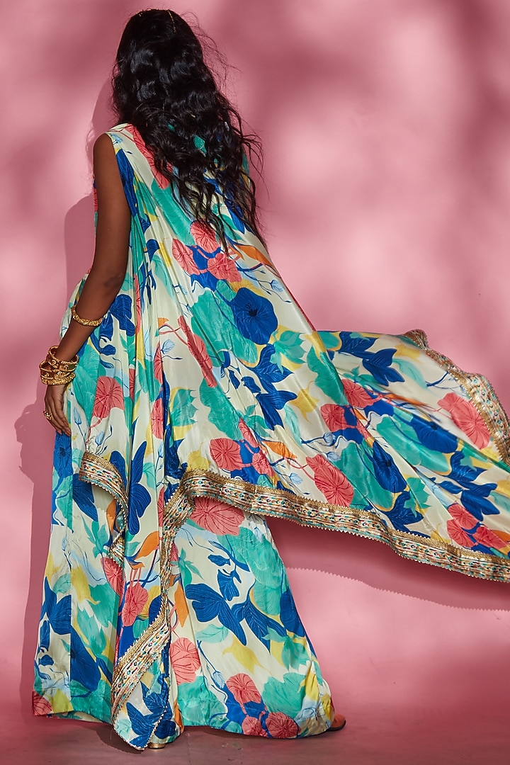 Blue Floral Printed Cape by Esha L Amin at Pernia's Pop Up Shop