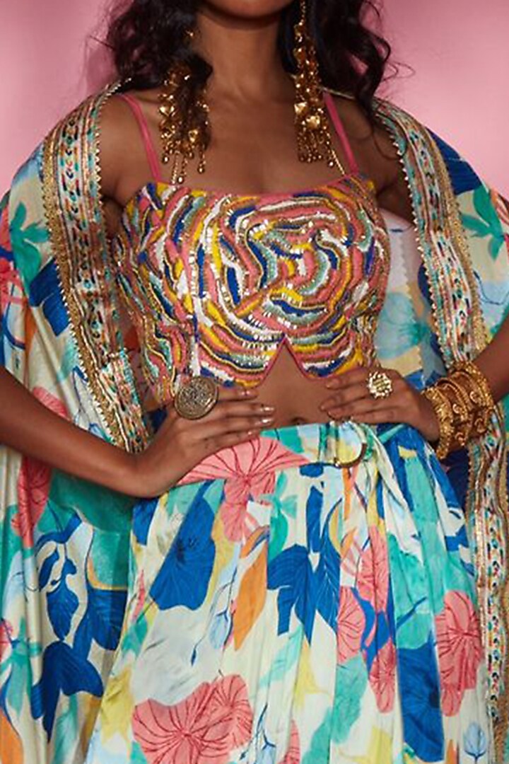 Blue Floral Printed Cape by Esha L Amin at Pernia's Pop Up Shop