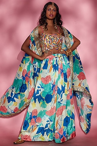 Blue Floral Printed Flared Pants by Esha L Amin