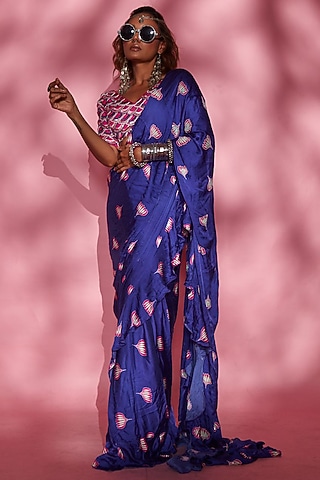 Purple Modal Satin Lotus Printed Saree by Esha L Amin