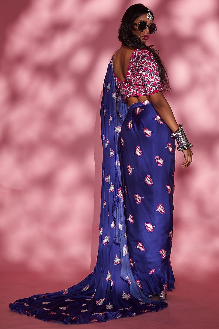 Purple Modal Satin Lotus Printed Party Wear Saree by Esha L Amin at Pernia's Pop Up Shop