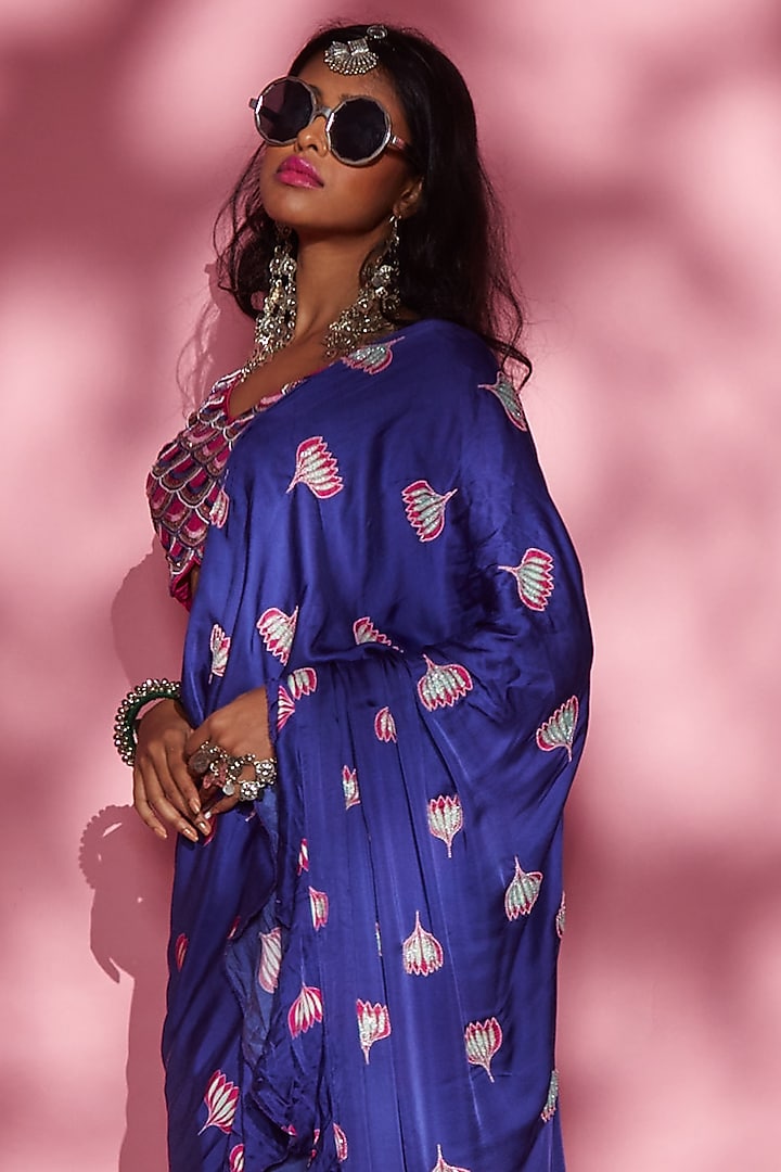 Purple Modal Satin Lotus Printed Party Wear Saree by Esha L Amin at Pernia's Pop Up Shop