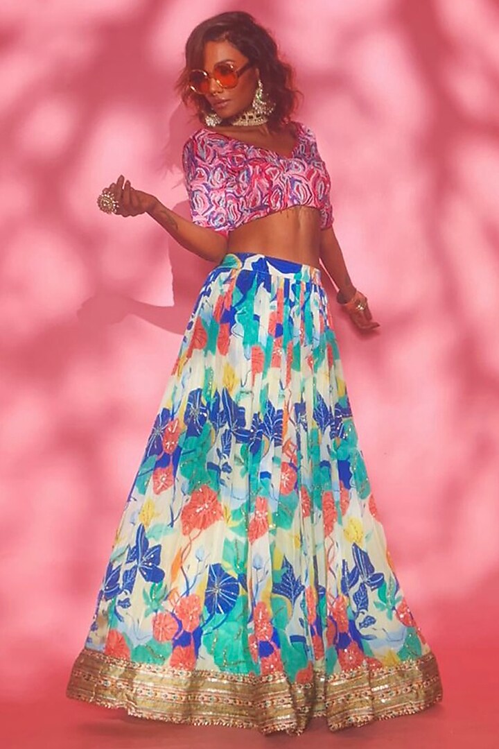 Blue Modal Satin Wedding Lehenga Set by Esha L Amin at Pernia's Pop Up Shop