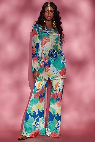 Blue Modal Flared Palazzo Pants by Esha L Amin