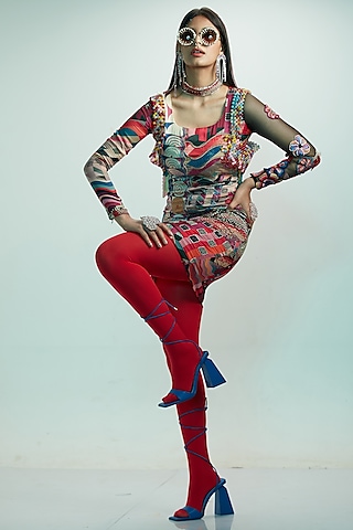 Multi-Colored Modal Satin Half & Half Dress by Esha L Amin