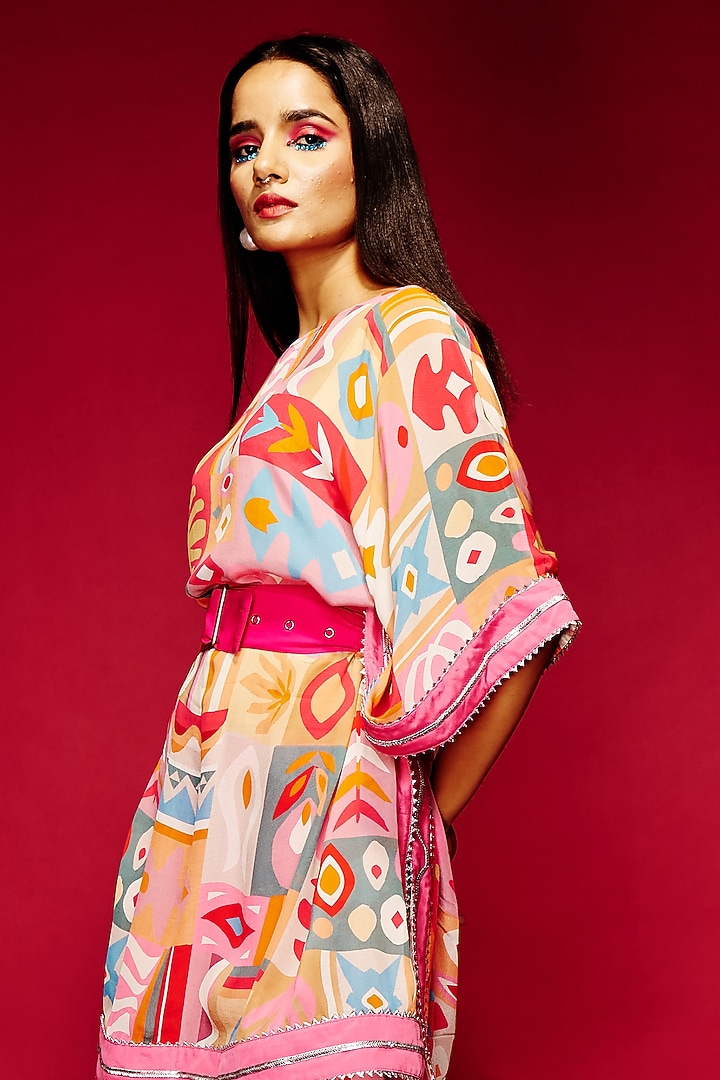 Pink Modal Satin Short Kaftan by Esha L Amin at Pernia's Pop Up Shop