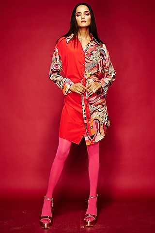 Red Modal Satin Half & Half Dress by Esha L Amin