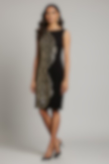 Black Stretch Denim Patch Embroidered Shift Cocktail Dress by Eshaani Jayaswal at Pernia's Pop Up Shop