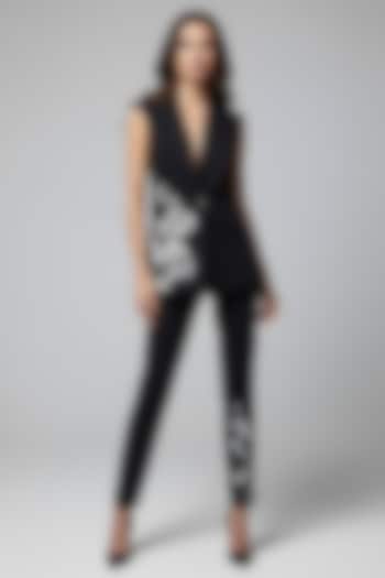 Black Stretch Denim Floral Patch Embroidered Co-Ord Set by Eshaani Jayaswal at Pernia's Pop Up Shop