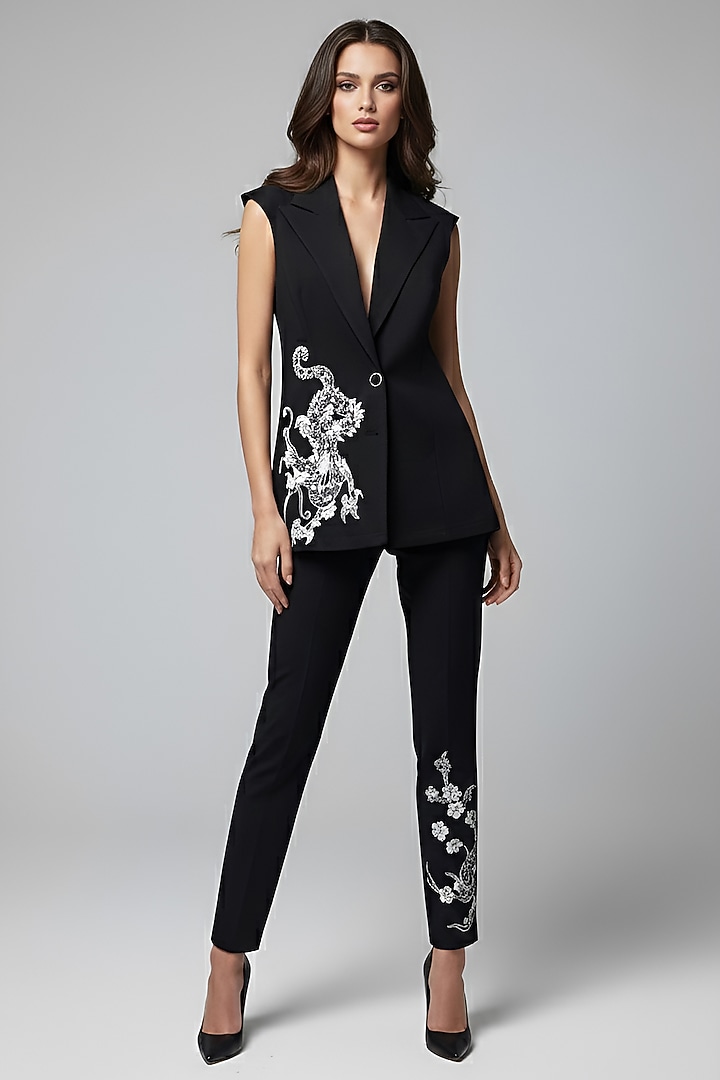 Black Stretch Denim Floral Patch Embroidered Co-Ord Set by Eshaani Jayaswal at Pernia's Pop Up Shop