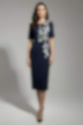 Indigo Blue Stretch Denim Floral Patch Embroidered Pencil Cocktail Dress by Eshaani Jayaswal at Pernia's Pop Up Shop