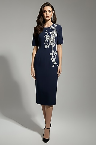 Indigo Blue Stretch Denim Floral Patch Embroidered Pencil Dress by Eshaani Jayaswal