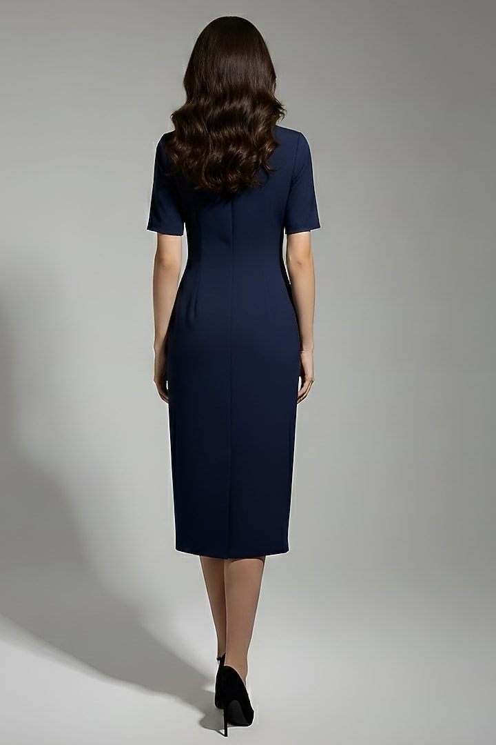 Indigo Blue Stretch Denim Floral Patch Embroidered Pencil Cocktail Dress by Eshaani Jayaswal at Pernia's Pop Up Shop