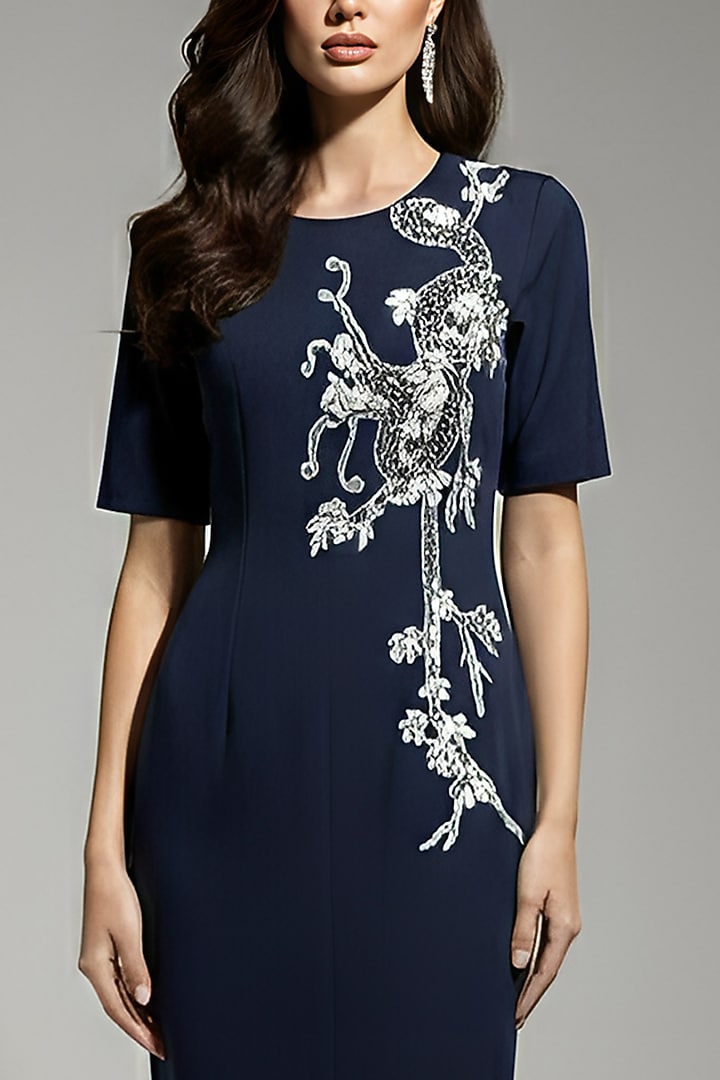 Indigo Blue Stretch Denim Floral Patch Embroidered Pencil Cocktail Dress by Eshaani Jayaswal at Pernia's Pop Up Shop